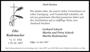 Traueranzeige von Elke Rademacher von Tageszeitung