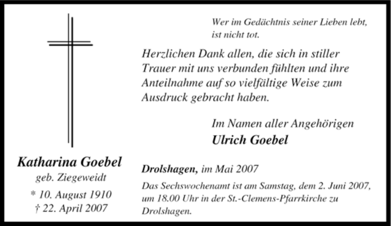  Traueranzeige für Katharina Goebel vom 29.05.2007 aus Tageszeitung