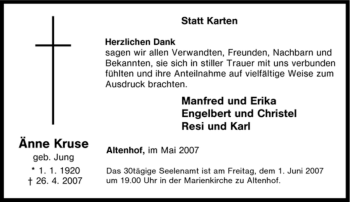 Traueranzeige von Änne Kruse von Tageszeitung