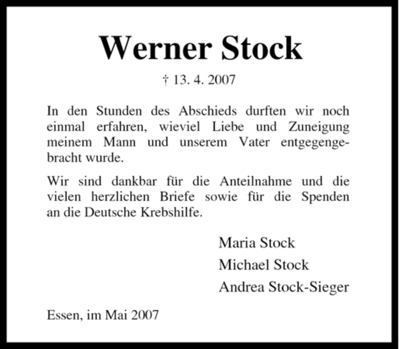 Traueranzeige für Werner Stock vom 29.05.2007 aus Tageszeitung