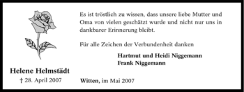 Traueranzeige von Helene Helmstädt von Tageszeitung
