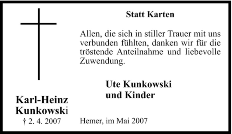  Traueranzeige für Karl-Heinz Kunkowsk vom 30.05.2007 aus Tageszeitung