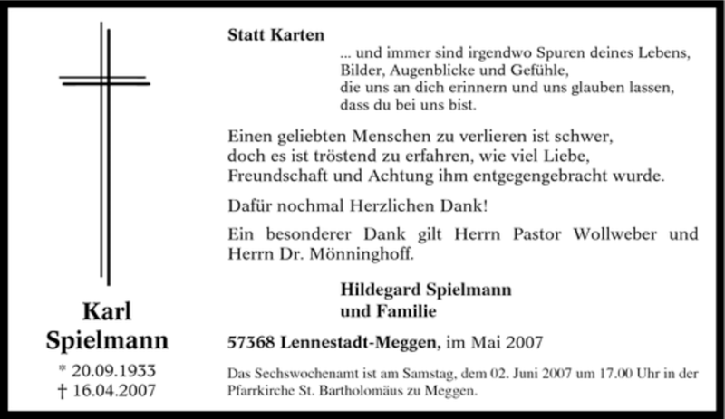  Traueranzeige für Karl Spielmann vom 30.05.2007 aus Tageszeitung