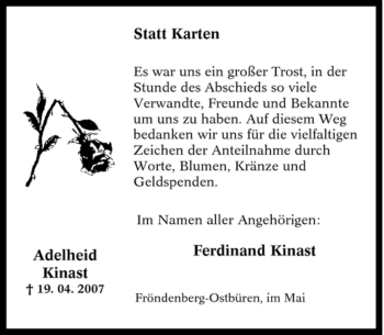 Traueranzeige von Adelheid Kinast von Tageszeitung