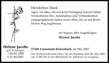 Traueranzeige von Helene Jacobs von Tageszeitung