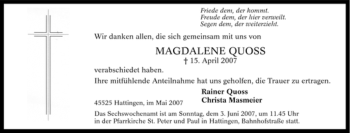 Traueranzeige von Magdalene Quoss von Tageszeitung