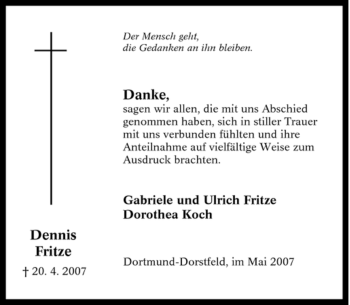 Traueranzeige von Dennis Fritze von Tageszeitung