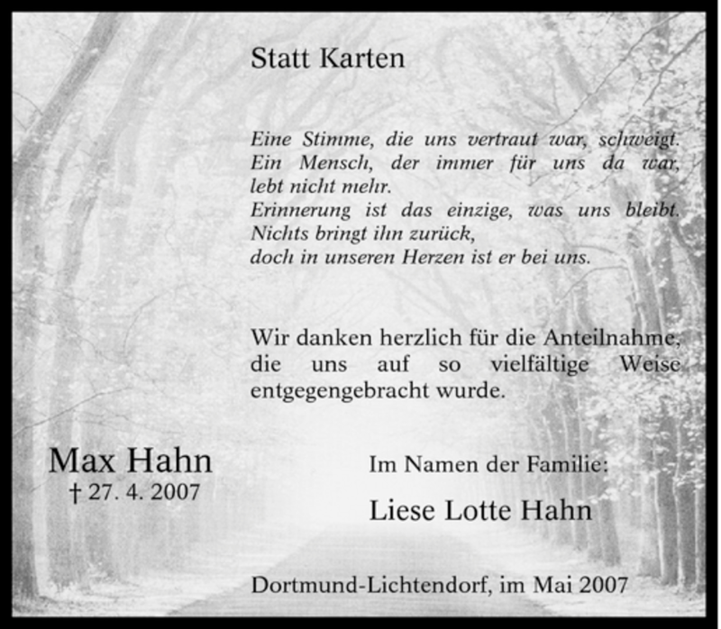  Traueranzeige für Max Hahn vom 30.05.2007 aus Tageszeitung