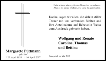 Traueranzeige von Margarete Püttmann von Tageszeitung