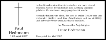 Traueranzeige von Paul Hedtmann von Tageszeitung