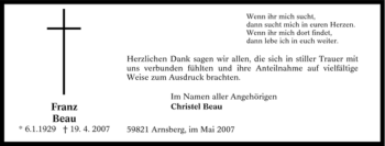 Traueranzeige von Franz Beau von Tageszeitung