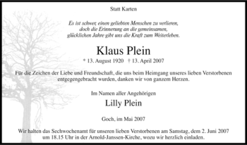 Traueranzeige von Klaus Plein von Tageszeitung