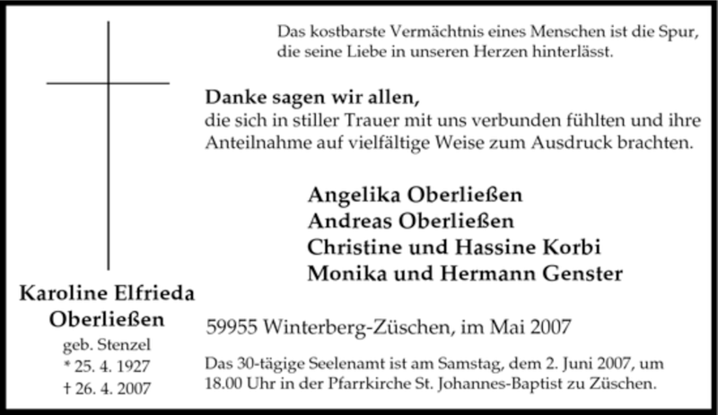  Traueranzeige für Karoline Elfrieda Oberließen vom 31.05.2007 aus Tageszeitung