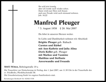 Traueranzeige von Manfred Pleuger von Tageszeitung
