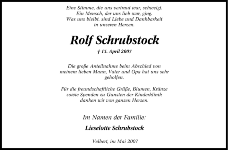  Traueranzeige für Rolf Schrubstock vom 31.05.2007 aus Tageszeitung