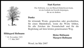 Traueranzeige von Hildegard Hofmann von Tageszeitung