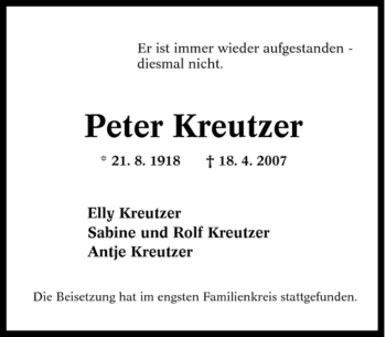 Traueranzeige von Peter Kreutzer von Tageszeitung