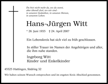 Traueranzeige von Hans-Jürgen Witt von Tageszeitung