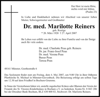 Traueranzeige von Marilotte Reiners von Tageszeitung