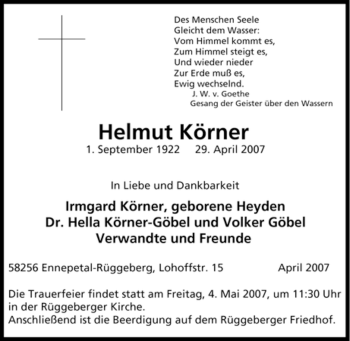 Traueranzeige von Helmut Körner von Tageszeitung