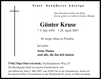 Traueranzeige von Günter Kruse von Tageszeitung