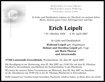 Traueranzeige von Erich Leipelt von Tageszeitung
