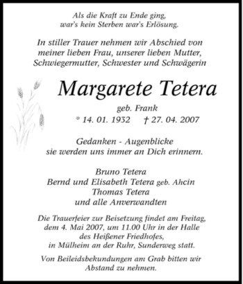 Traueranzeige von Margarete Tetera von Tageszeitung