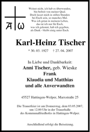Traueranzeige von Karl-Heinz Tischer von Tageszeitung