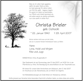 Traueranzeige von Christa Brieler von Tageszeitung