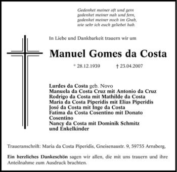 Traueranzeige von Manuel Gomes da Costa von Tageszeitung