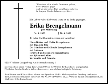 Traueranzeige von Erika Brengelmann von Tageszeitung
