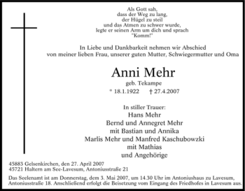 Traueranzeige von Anni Mehr von Tageszeitung