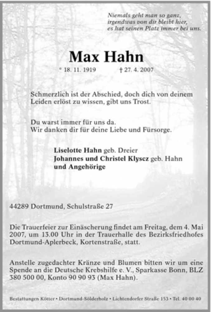  Traueranzeige für Max Hahn vom 02.05.2007 aus Tageszeitung