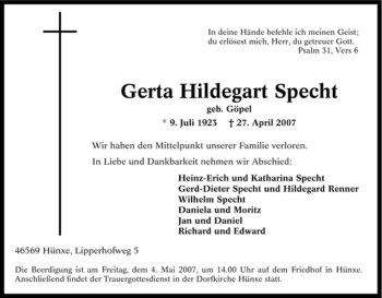 Traueranzeige von Gerta Hildegart Specht von Tageszeitung