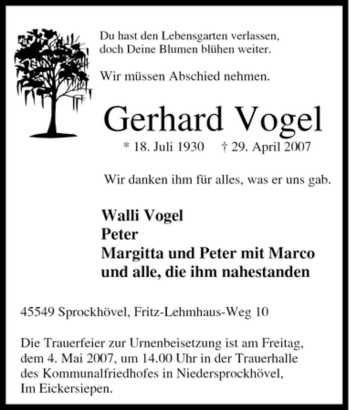 Traueranzeige von Gerhard Vogel von Tageszeitung