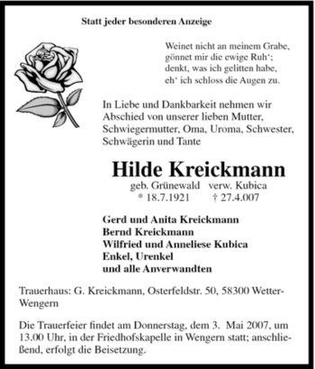 Traueranzeige von Hilde Kreickmann von Tageszeitung