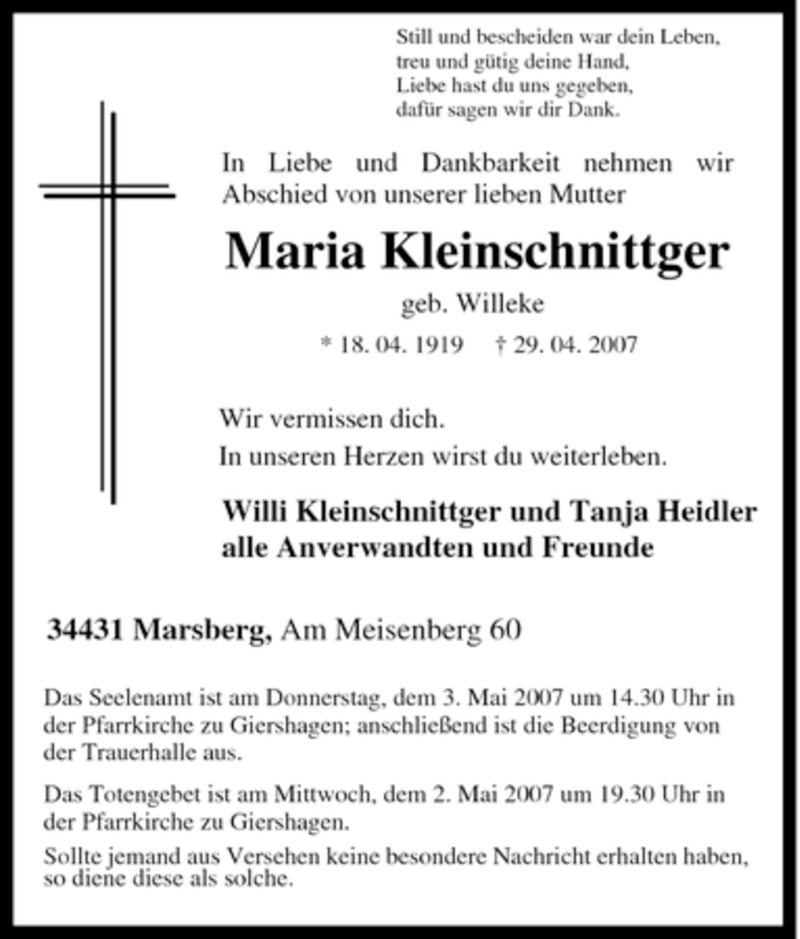  Traueranzeige für Maria Kleinschnittger vom 02.05.2007 aus Tageszeitung
