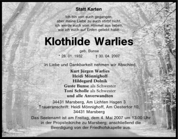 Traueranzeige von Klothilde Warlies von Tageszeitung