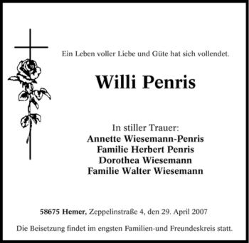Traueranzeige von Willi Penris von Tageszeitung