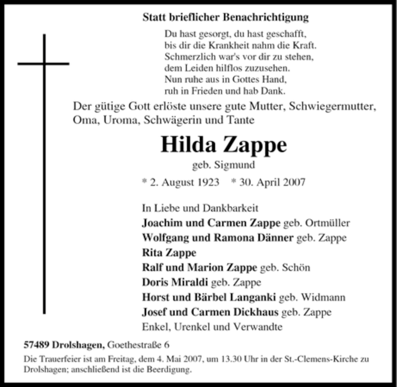  Traueranzeige für Hilda Zappe vom 02.05.2007 aus Tageszeitung