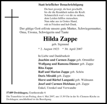 Traueranzeige von Hilda Zappe von Tageszeitung