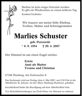 Traueranzeige von Marlies Schuster von Tageszeitung