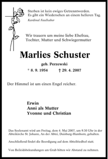 Traueranzeige von Marlies Schuster von Tageszeitung