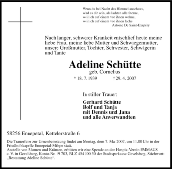 Traueranzeige von Adeline Schütte von Tageszeitung