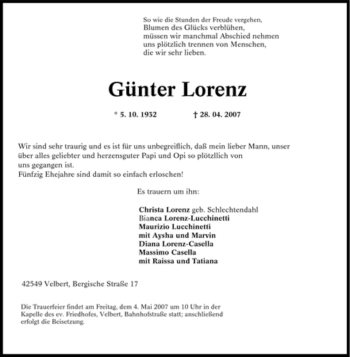 Traueranzeige von Günter Lorenz von Tageszeitung