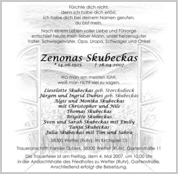 Traueranzeige von Zenonas Skubeckas von Tageszeitung