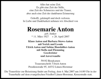 Traueranzeige von Rosemarie Anton von Tageszeitung
