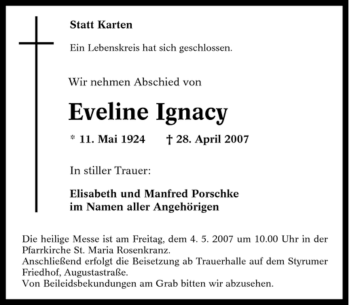 Traueranzeige von Eveline Ignacy von Tageszeitung