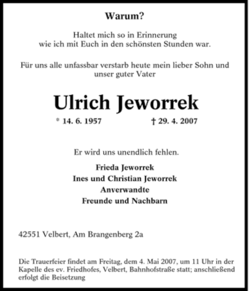 Traueranzeige von Ulrich Jeworrek von Tageszeitung