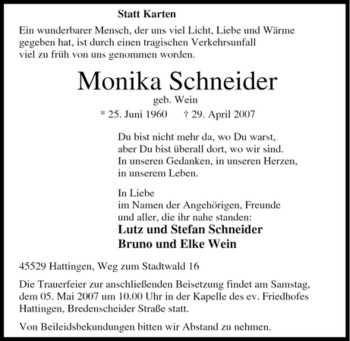 Traueranzeige von Monika Schneider von Tageszeitung